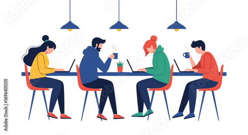 Diverse team collaborating and working on laptops in a bright, modern coworking space, enjoying coffee.