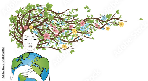 Woman embracing Earth globe with flowing nature tree hair ecology environment planet protection sustainability green love world peaceful life illustration