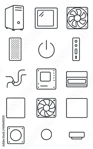 Computer Case Elements icons in minimalistic line art style: ATX case, case window, dust filter, RGB fan, mesh front, power button, I/O panel, USB