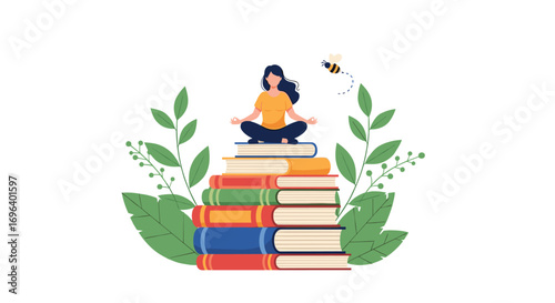 Woman meditating atop stacked books finds inner peace surrounded by nature's calm