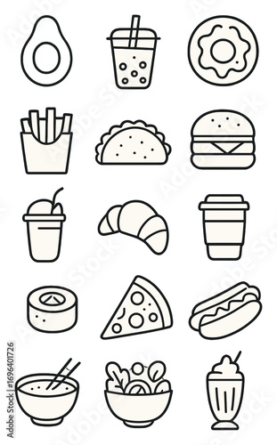 Trendy Food & Drink icons in minimalistic line art style: avocado, bubble tea, donut, burger, fries, taco, sushi roll, coffee cup, smoothie, croissant