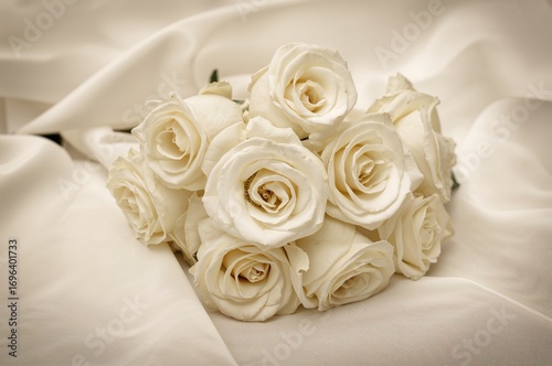 Elegant white roses on smooth white silk ideal for wedding backdrops in sepia tone.