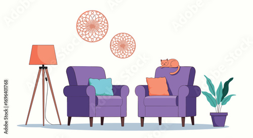 Cozy living room scene with two purple armchairs, a cat, lamp, plant and wall decor