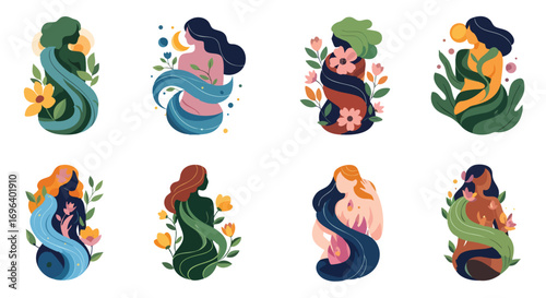 Abstract female figures intertwined with natural elements modern vector illustrations femininity goddess earth spiritual wellbeing growth serenity art