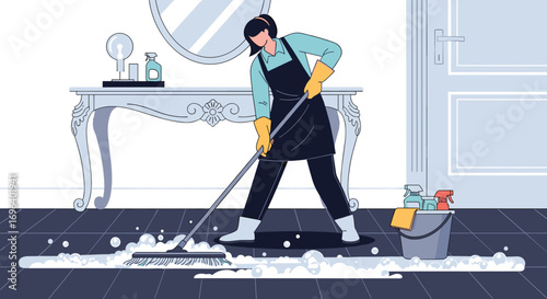 Dedicated cleaner meticulously mopping a sparkling clean floor in a bright, modern interior space