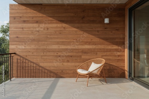 Wallpaper Mural Cozy chair on a home balcony or terrace with wooden wall, perfect for relaxing and space for text or background. Torontodigital.ca
