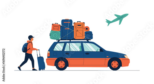 Person with luggage ready for an exciting road trip adventure, car packed high for vacation
