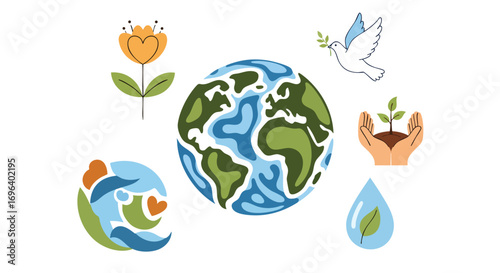 Global environmental care, peace, nature and sustainability illustrations Earth Ecology Conservation Growth Peace Love