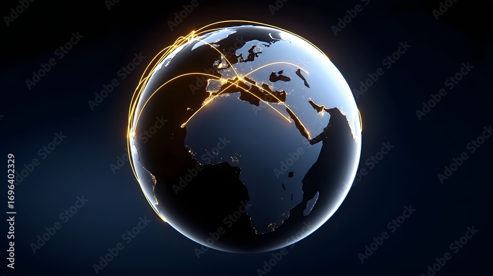 Fototapeta premium Luminous glass globe reflecting the continents and oceans, symbolizing the interconnected and globalized world of technology, communication, and business