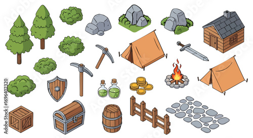 Isometric fantasy game assets for adventure maps and RPG Trees Rocks Tents Cabin Sword Coins