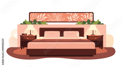 Cozy bedroom retreat inviting relaxation with warm lighting and elegant botanical headboard design
