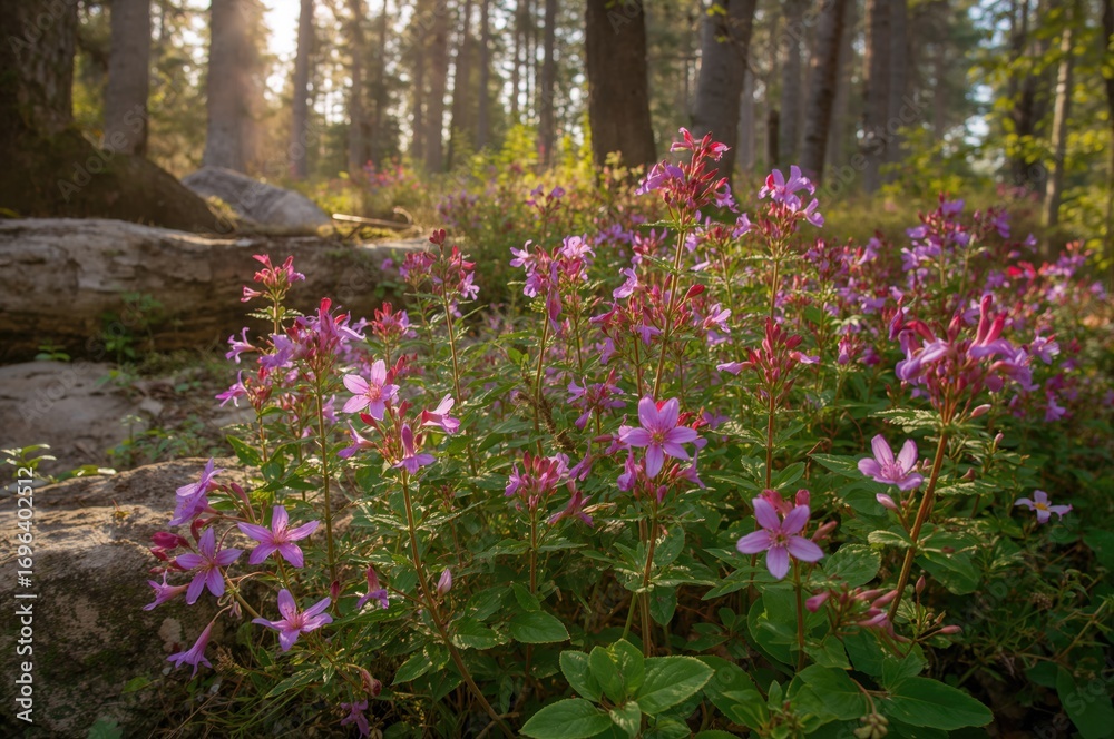 Obraz premium Blooming Herb Robert (Geranium robertianum) flowers lining a hiking path in the summer season