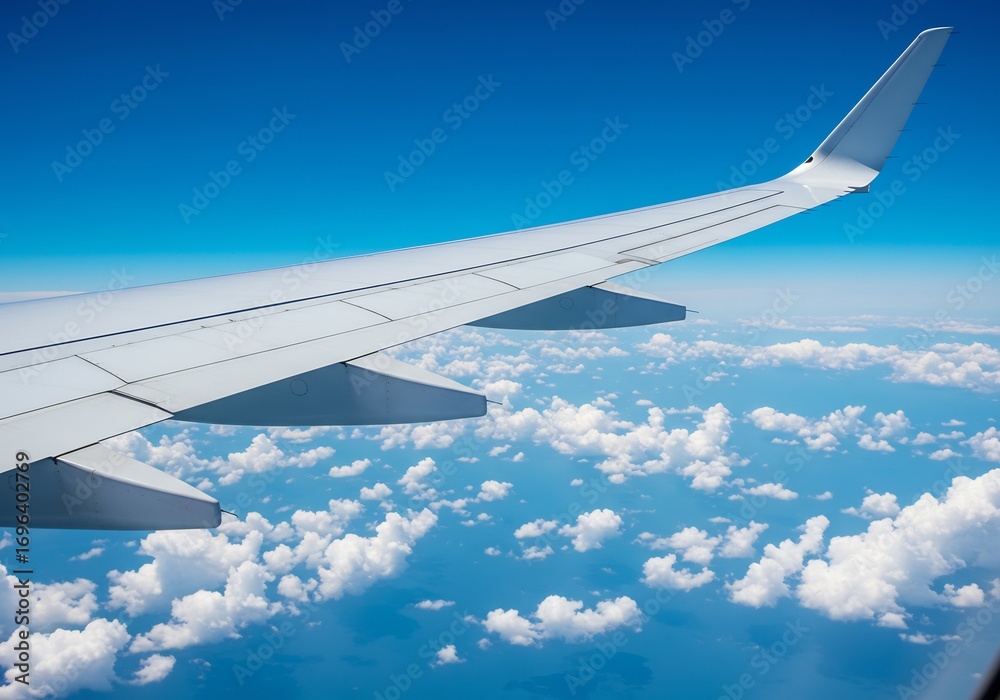 Obraz premium 青い空と白い雲、飛行機の翼