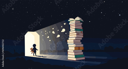 Child with teddy bear steps into a glowing doorway towards a towering stack of open books under a starry night sky