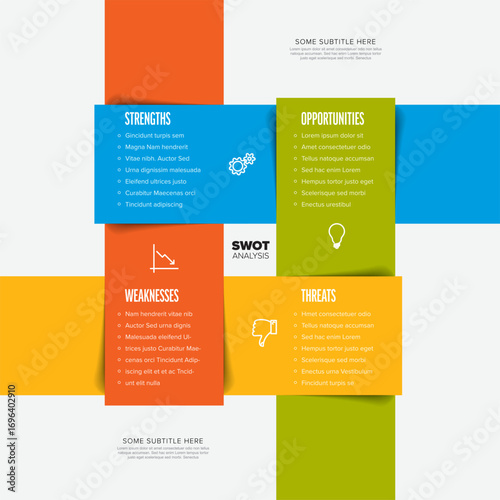 Modern SWOT analysis template for business strategy. Clear and effective SWOT analysis infographic helps visualize strengths, weaknesses, opportunities, and threats for insightful strategic planning.