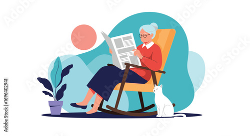 Serene senior woman relaxing with newspaper and cat in cozy rocking chair, peaceful home scene