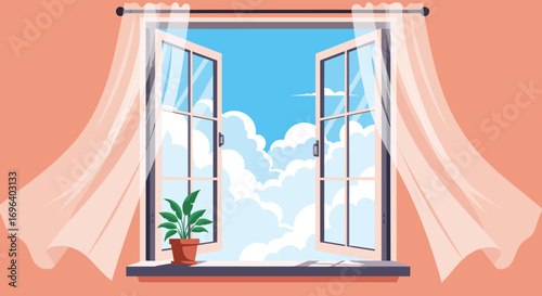 Open window revealing beautiful sky with fluffy clouds and gentle breeze through sheer curtains