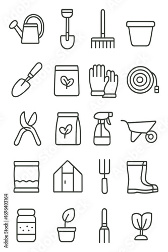 Trendy Gardening Tools icons in minimalistic line art style: watering can, shovel, rake, plant pot, trowel, seed packet, gloves, hose reel, pruning