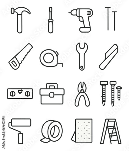 Trendy DIY Equipment icons in minimalistic line art style: hammer, screwdriver, drill, nails, saw, tape measure, wrench, utility knife, level tool,