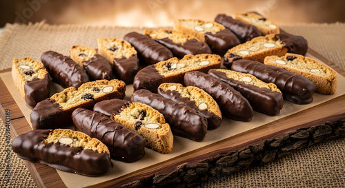 Delicious Chocolate Dipped Biscotti with Almonds on a Rustic Wooden Board