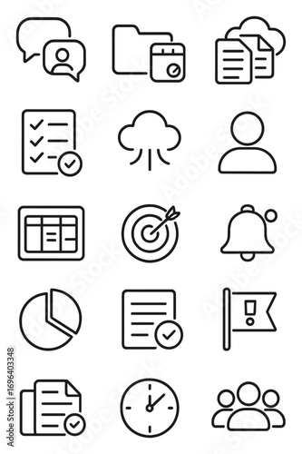 Trendy Workspace Collaboration icons in minimalistic line art style: team chat, project folder, calendar event, shared document, checkmark list,
