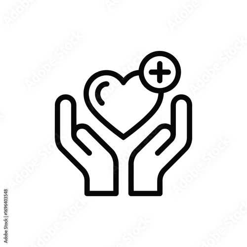 Hands holding a heart with a plus symbol indicating care and health
