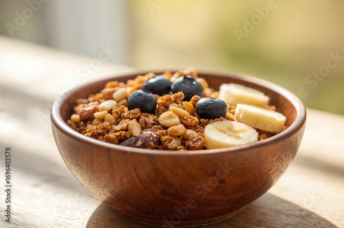 Wallpaper Mural Handcrafted Peanut, Blueberry, and Banana Oat Granola Served in a Rustic Wooden Bowl on a Bright Morning Torontodigital.ca