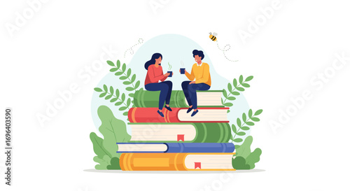 Couple enjoying coffee break atop stack of books with charming bee flying nearby