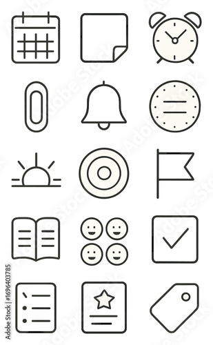 Trendy Daily Planner icons in minimalistic line art style: calendar grid, sticky notes, alarm clock, to-do list, paperclip, reminder icon, habit