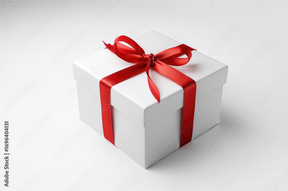 Fototapeta premium White gift box decorated with a red ribbon, set against a plain white backdrop