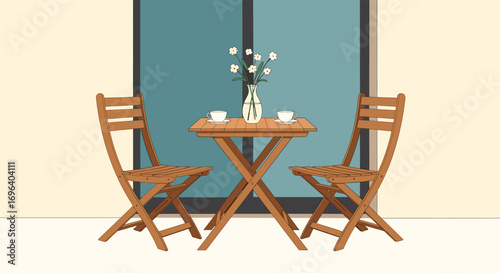 Cozy outdoor cafe setting with charming wooden table chairs and fresh flowers ready for relaxation