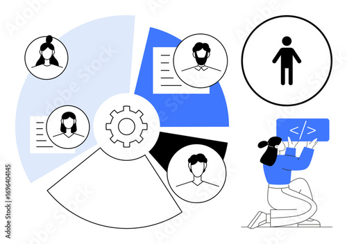Gear at chart center, profiles around segmented pie chart, developer holding code icon. Ideal for teamwork, productivity, data management, IT, analytics, HR coding simple landing page