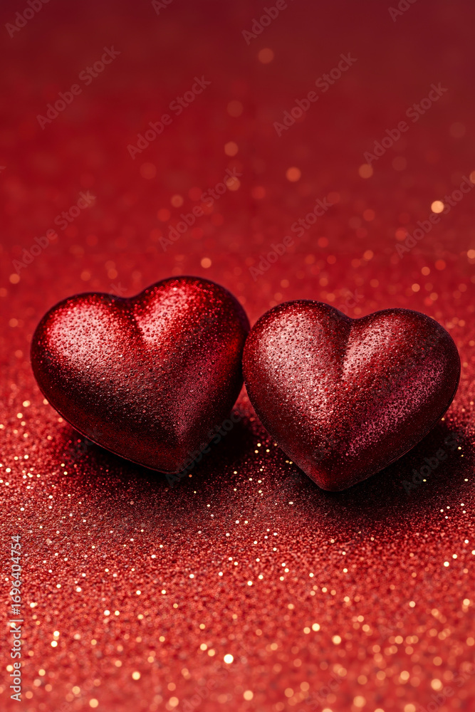 Fototapeta premium Two red hearts on a red glittery background