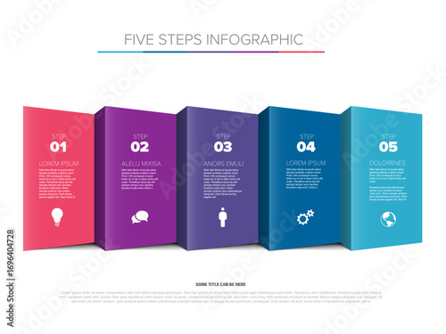 A vibrant five steps infographic layout featuring colorful 3D box elements. This infographic design illustrates a process with five distinct steps, each with a unique color.