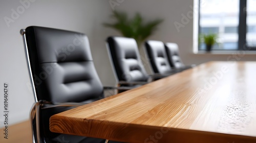 A sleek and professional-looking boardroom or meeting space with a long wooden table and rows of comfortable black leather chairs.