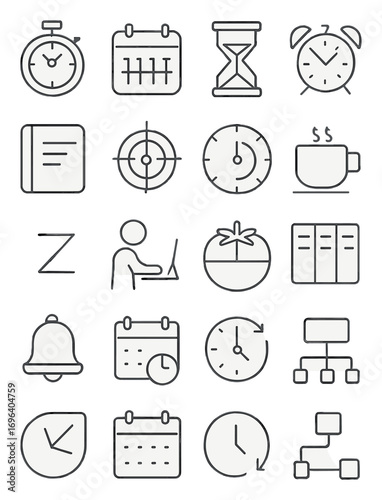 Time and productivity tools icons in minimalistic line art style: stopwatch, calendar, hourglass, alarm clock, planner book, focus icon, time tracker,