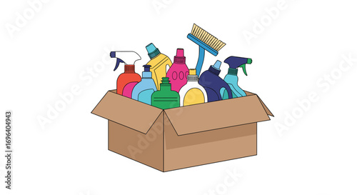 Vibrant cleaning supplies neatly organized in a cardboard box ready for action