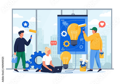 Vector art of team of people working together to create a new idea, painting a lightbulb on a board with gears and thought bubbles