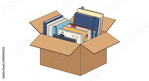 Organized office supplies and notebooks neatly packed in an open cardboard box for easy access