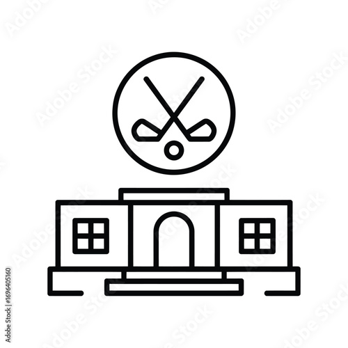 Simple line art icon of a golf club building with crossed clubs and ball