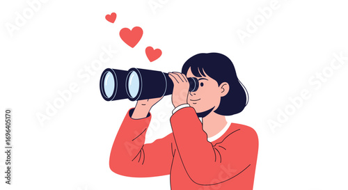 Enthusiastic woman with binoculars discovers exciting opportunities with hearts in the air