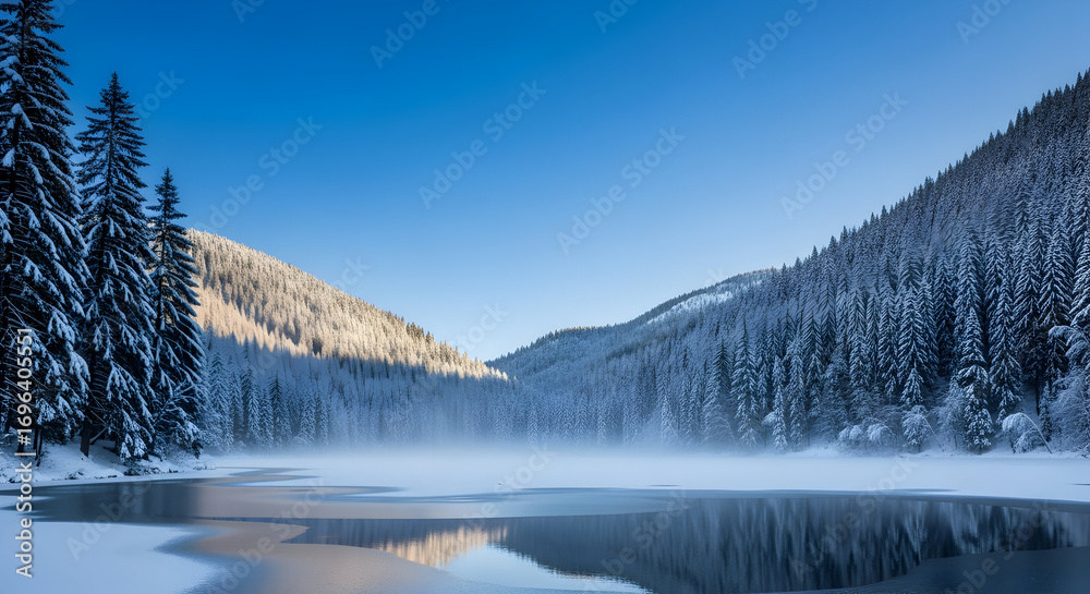 Fototapeta premium Winter Mountain Landscape with Frozen Lake, Snow-Covered Pines, and Bright Blue Sky