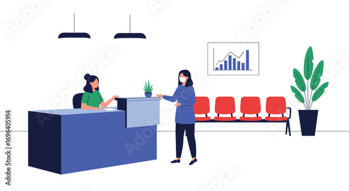 Professional receptionist assists masked visitor at modern office reception with waiting area and plant