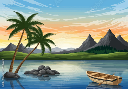 Vector art of pixel art landscape with palm trees, a rowboat, and mountains at sunset