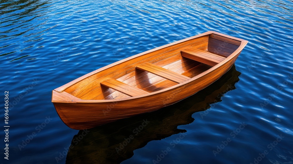 Obraz premium Empty wooden rowboat on blue water