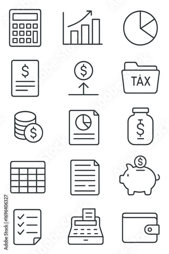 Financial planning icons in minimalistic line art style: calculator, bar chart, pie chart, dollar bill, expense file, income icon, tax folder, savings