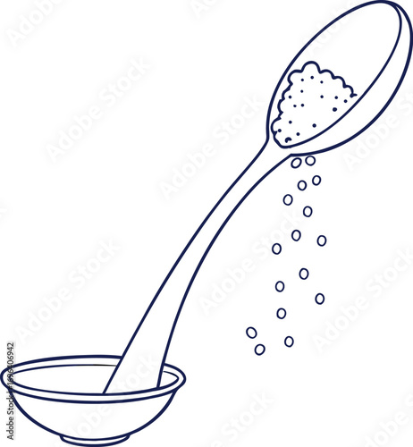 A metal spoon pouring granulated sugar crystals isolated on white background