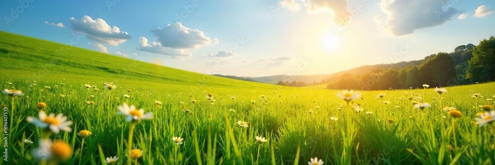 Obraz premium Golden sunlight bathes a vibrant green field, wildflowers dotting the landscape under a clear blue sky Perfect for nature, summer, and pastoral themed projects , calm, nature