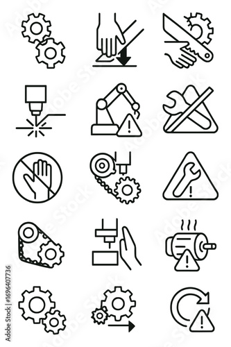 Machine operation risk icons in minimalistic line art style: rotating parts, crushing point, blade hazard, pinch point, entanglement, laser cutting,