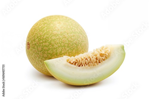 Whole and sliced Galia melon arranged on a white backdrop